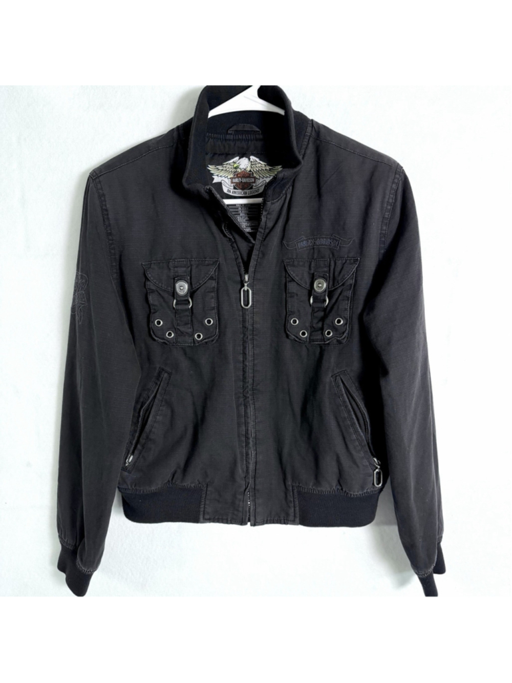 Harley Davidson Black Bomber Jacket Womens S Eagle Embroidered Biker Grunge Y2K